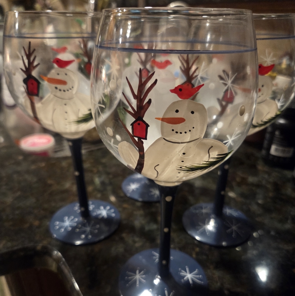 Festive Snowman Hand Painted Wine Glasses Set